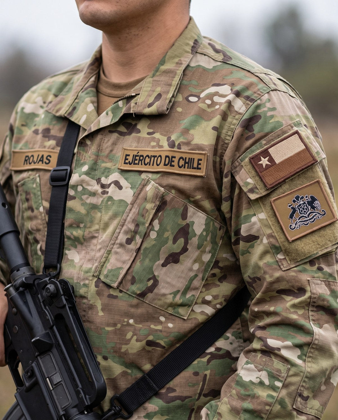 Tenida Multicam con la cinta Ejército de Chile, apellido bordado, bandera coyote y escudo