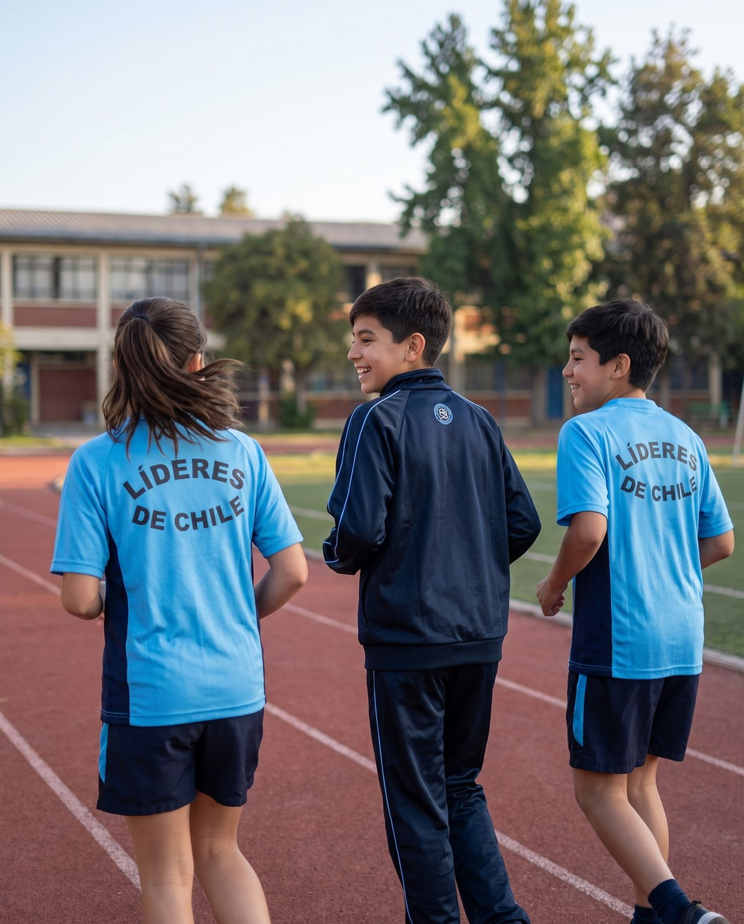 Alumnos del Santiago Bueras trotando con la polera y el buzo del colegio