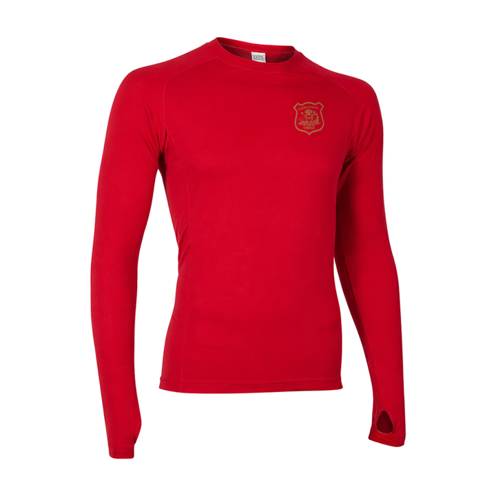 Polera Ejército de Chile Dry Fit manga larga roja, escudo dorado en el pecho