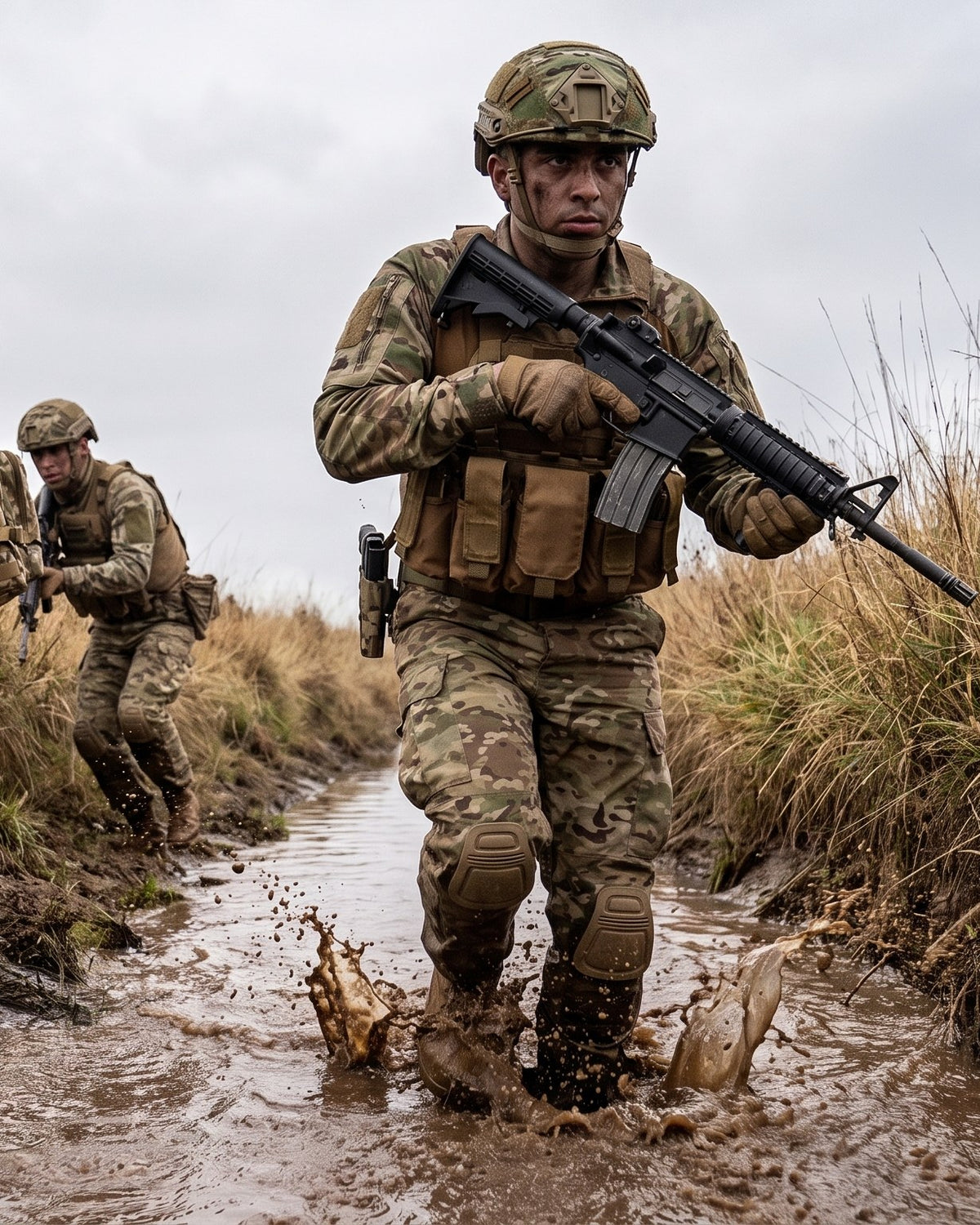 Soldado equipado con productos Catta en Multicam avanzando por una zanja con barro