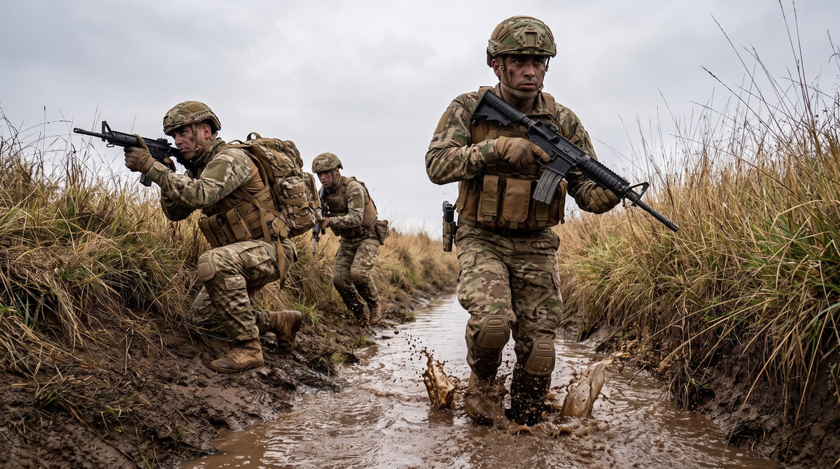 Soldados equipados con productos Catta en Multicam avanzando por una zanja con barro