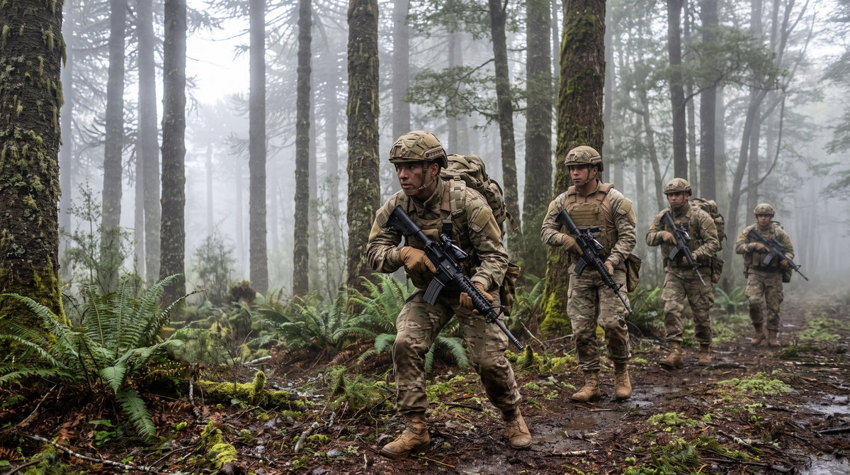 Patrulla con equipo Catta en Multicam avanzando por un bosque del sur de Chile con neblina