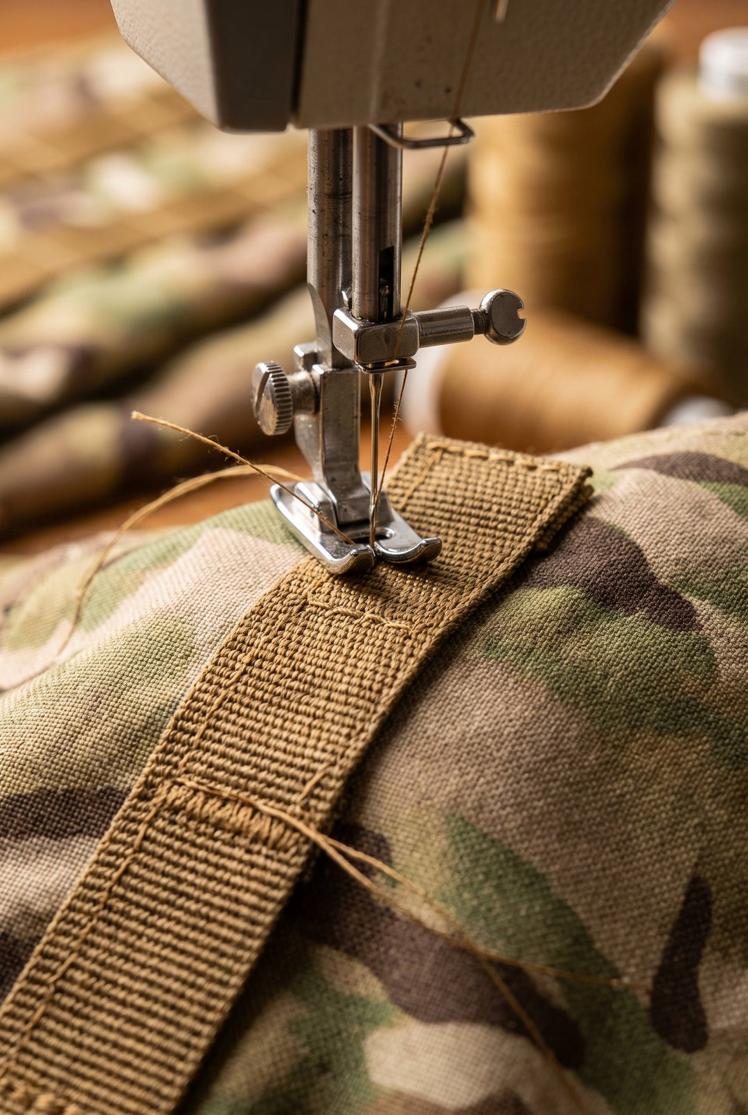 Aguja de máquina industrial cosiendo cinta MOLLE coyote sobre tela Multicam
