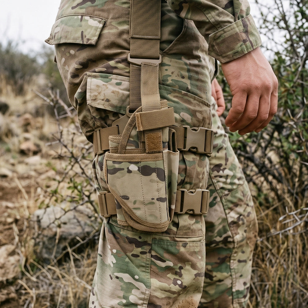 Holster Piernera de Combate Ajustable: piernera Multicam en terreno